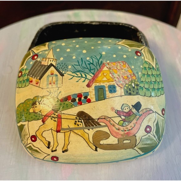 Vintage Trinket Box Sleigh Ride Polka Dots Horse Winter Scene, Made in India MCM - Picture 1 of 10